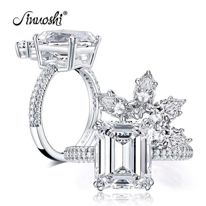 Planet Gates 925 Sterling Silver 4.0 Carat Big Emeralded Cut Flower Engagement Ring Simulated Diamond Women Wedding 9x11mm Silver Ring  Jewelry Gifts