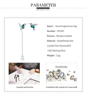 Planet Gates 925 Sterling Silver Bird Earrings Embellished with Crystal Stud Earrings for Women Piercing Oreja