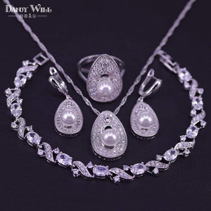 Planet Gates 925 Sterling Silver Bridal Pearls Jewelry Sets Women Wedding Jewelry With Pearl Zircon Drop Earrings Ring Pendant Necklace Set