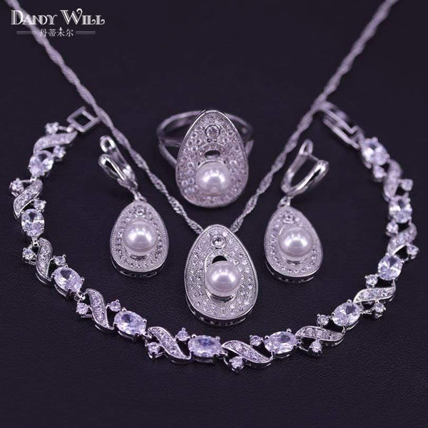 Planet Gates 925 Sterling Silver Bridal Pearls Jewelry Sets Women Wedding Jewelry With Pearl Zircon Drop Earrings Ring Pendant Necklace Set