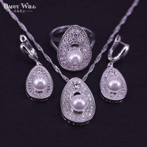 Planet Gates 925 Sterling Silver Bridal Pearls Jewelry Sets Women Wedding Jewelry With Pearl Zircon Drop Earrings Ring Pendant Necklace Set