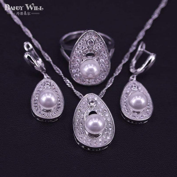 Planet Gates 925 Sterling Silver Bridal Pearls Jewelry Sets Women Wedding Jewelry With Pearl Zircon Drop Earrings Ring Pendant Necklace Set