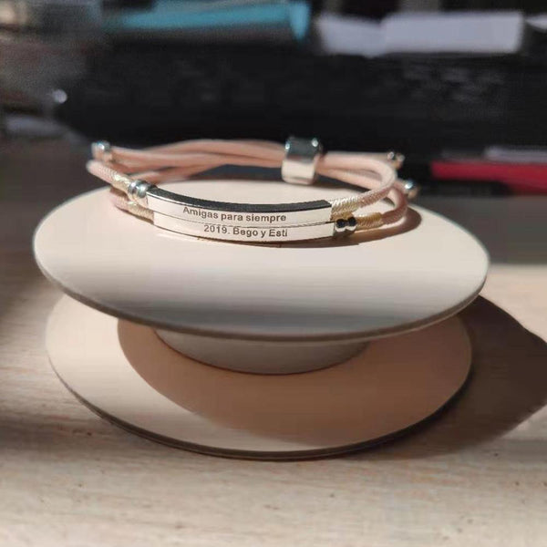 Planet Gates 925 Sterling Silver Custom Bar Bracelet Engraved Name Date Letter Two Layers Handmade Pink Rope Personalized Woman Jewelry