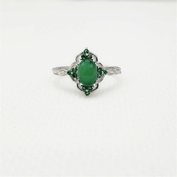 Planet Gates 925 Sterling Silver Green Chalcedony Gem Stone Vintage Diamond Ring S925 Real Pure Silver Emerald Gemstone Retro Women Open Ring