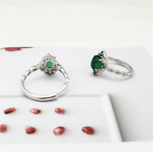 Planet Gates 925 Sterling Silver Green Chalcedony Gem Stone Vintage Diamond Ring S925 Real Pure Silver Emerald Gemstone Retro Women Open Ring