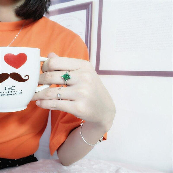 Planet Gates 925 Sterling Silver Green Chalcedony Gem Stone Vintage Diamond Ring S925 Real Pure Silver Emerald Gemstone Retro Women Open Ring