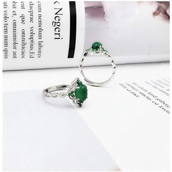 Planet Gates 925 Sterling Silver Green Chalcedony Gem Stone Vintage Diamond Ring S925 Real Pure Silver Emerald Gemstone Retro Women Open Ring