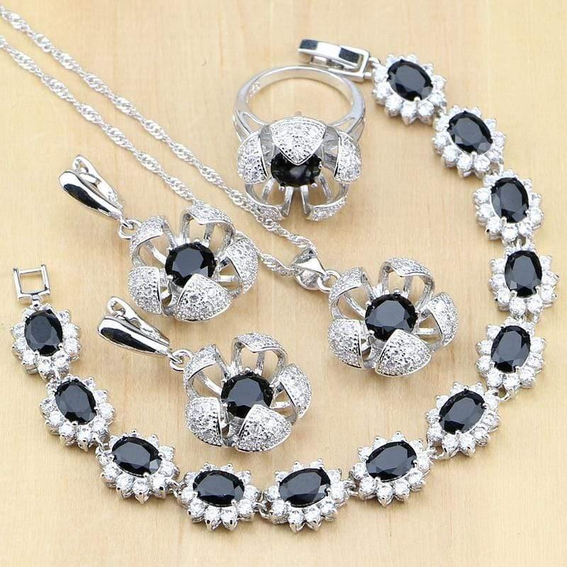 Planet Gates 925 Sterling Silver Jewelry Black White CZ Jewelry Sets For Women Earrings/Pendant/Rings/Bracelet/Necklace Set