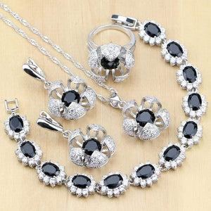 Planet Gates 925 Sterling Silver Jewelry Black White CZ Jewelry Sets For Women Earrings/Pendant/Rings/Bracelet/Necklace Set