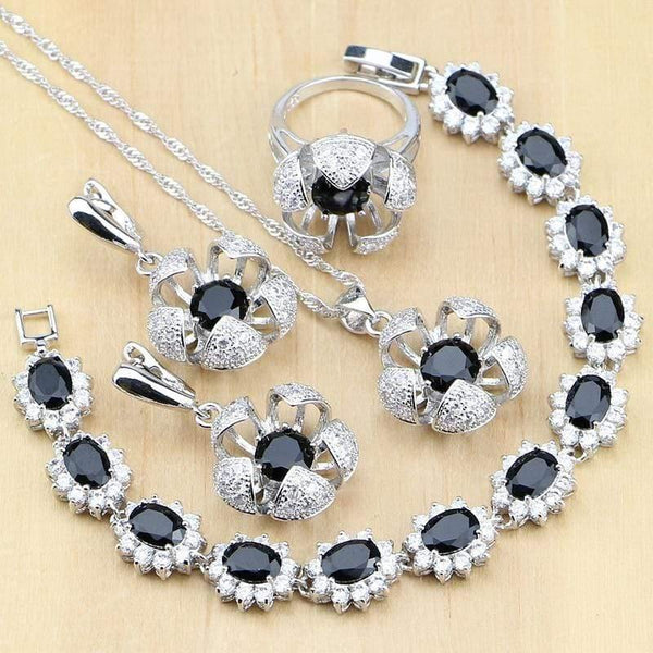 Planet Gates 925 Sterling Silver Jewelry Black White CZ Jewelry Sets For Women Earrings/Pendant/Rings/Bracelet/Necklace Set