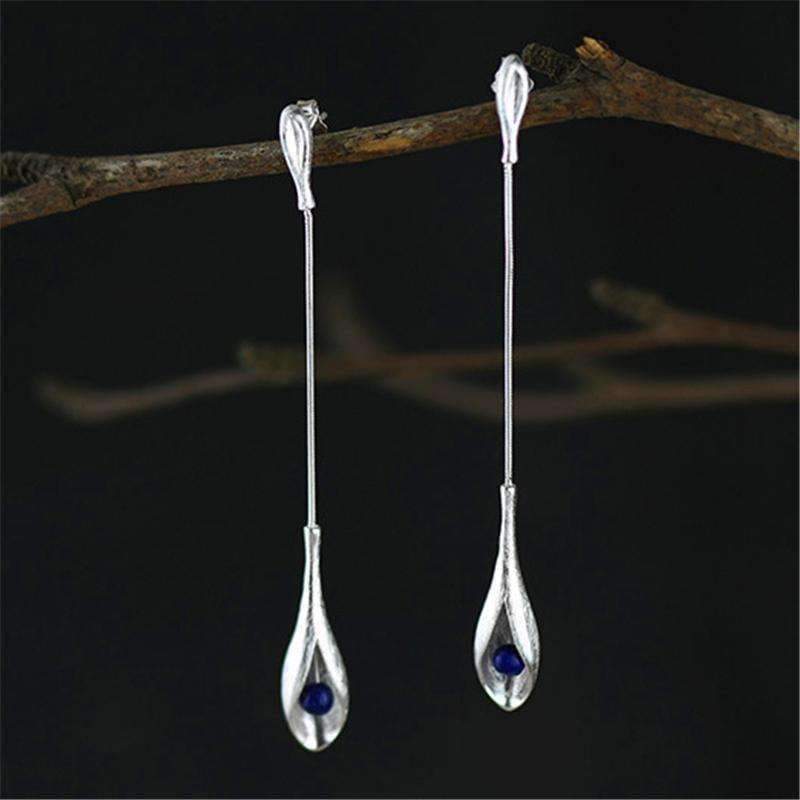 Planet Gates 925 Sterling Silver Lapis Lazuli Elegant Long Drop Earrings For Women Luxury Jewelry
