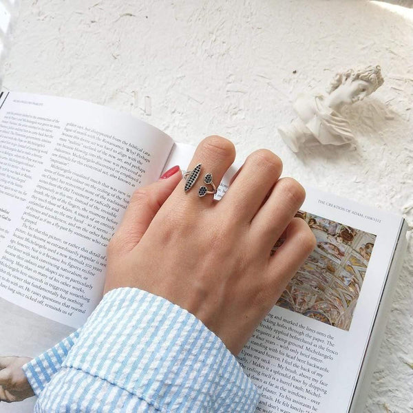 Planet Gates 925 Sterling Silver Micro Pave Cubic Zirconia Black Diamond Smiley Open Ring For Women Statement Jewelry Rings Gift