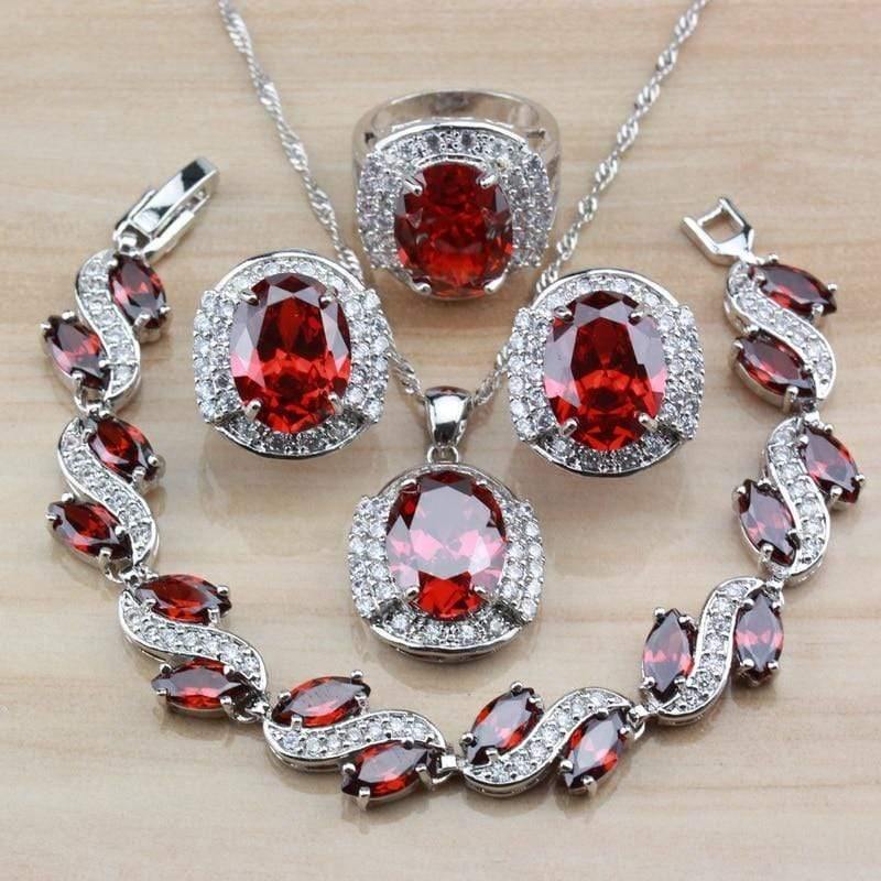 Planet Gates 925 Sterling Silver With Natural Garnet Red Bridal Wedding Jewelry Sets For Women Hoop Earrings/Necklace/Bracelet/Ring
