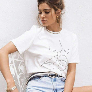 Planet Gates 9358Heng / L White O Neck Graphic Funny Cute Kiss Pattern T-Shirt 2018 Summer Tshirt  Printed Short Sleeve Harajuku Tee Tops