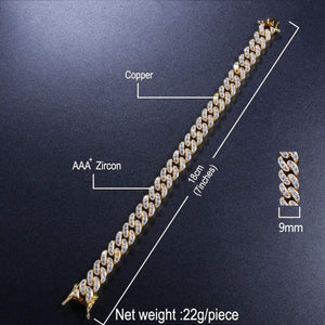 Planet Gates 9mm Cubic Zirconia Cuban Link Bracelets For Men Women Fashion Hiphop Gold Silver Color Bling Bracelet Jewelry Drop shipping