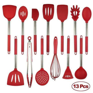 10/11/12/13 PCS Kitchen Utensils Set Red Cooking Utensils Set Silicone Kitchen Tools Gadgets Wooden Spatula Set with Holder box