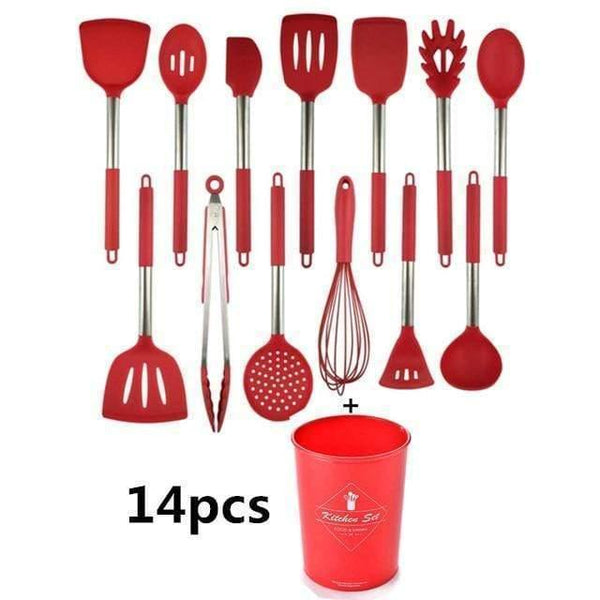 10/11/12/13 PCS Kitchen Utensils Set Red Cooking Utensils Set Silicone Kitchen Tools Gadgets Wooden Spatula Set with Holder box