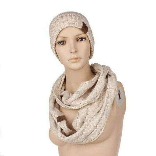 Planet Gates A Beige Scarf And Hat Sets CC Ponytail Beanie Winter Cap Women Scarves Neck Warmer Skullies Beanies Knitted Caps Casual Men Woolen Hats