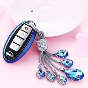 Planet Gates A-Blue-keyring Soft TPU Car Key Case Auto Key Protection Cover For Nissan Infiniti QX50 Q50L Tears of the Sky Artificial Crystal Pendant