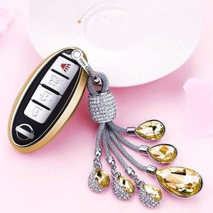 Planet Gates A-Gold-keyring Soft TPU Car Key Case Auto Key Protection Cover For Nissan Infiniti QX50 Q50L Tears of the Sky Artificial Crystal Pendant