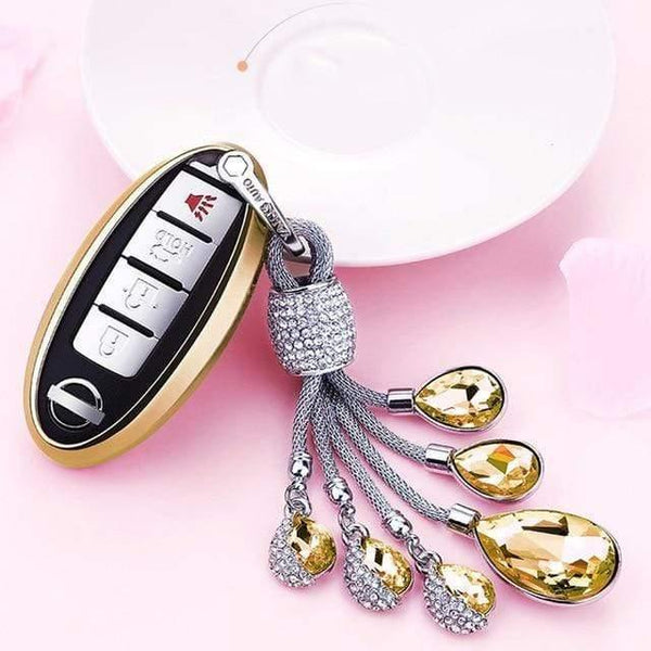Planet Gates A-Gold-keyring Soft TPU Car Key Case Auto Key Protection Cover For Nissan Infiniti QX50 Q50L Tears of the Sky Artificial Crystal Pendant