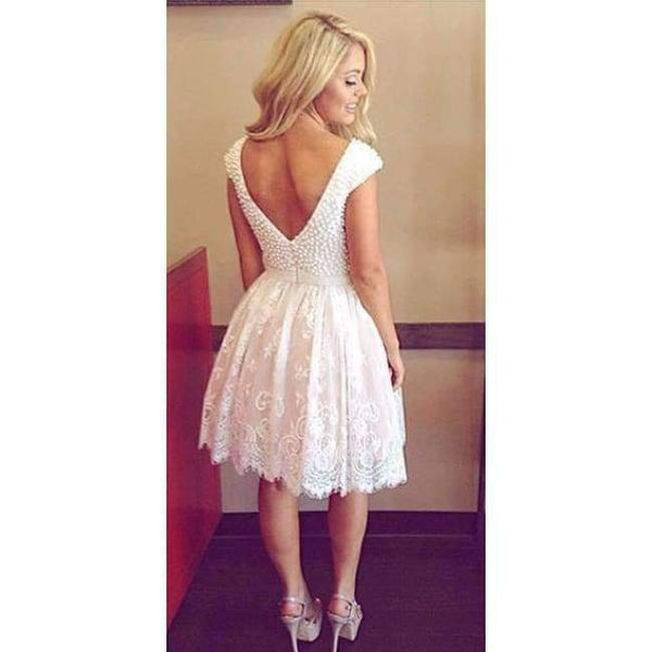Planet Gates A-line Short Sleeve Pearls Sexy Backless Cocktail Dress 2017 Custom made vestido de festa White Short Party Prom Dresses