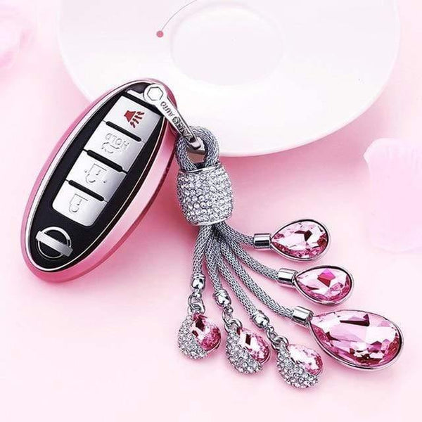 Planet Gates A-Pink-keyring Soft TPU Car Key Case Auto Key Protection Cover For Nissan Infiniti QX50 Q50L Tears of the Sky Artificial Crystal Pendant