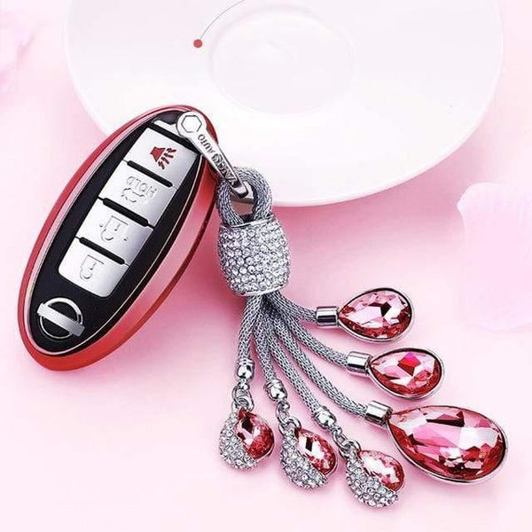 Planet Gates A-Red-keyring Soft TPU Car Key Case Auto Key Protection Cover For Nissan Infiniti QX50 Q50L Tears of the Sky Artificial Crystal Pendant