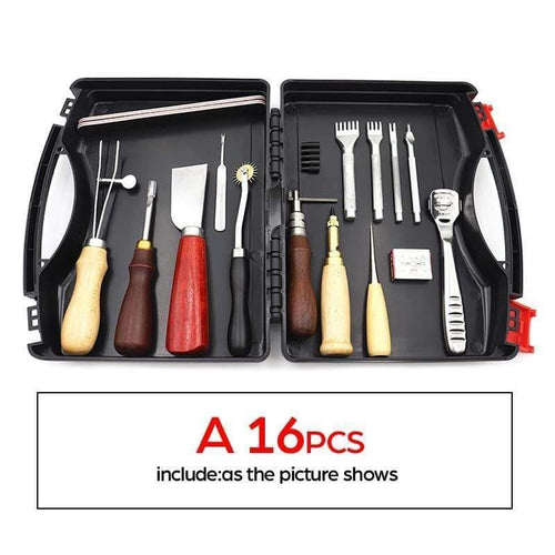 Planet Gates A set 16PCS DIY Professional Leather Craft Tools Kit Hand Sewing Stitching Punch Carving Work Saddle Groover Set Accessories DIY Tool Box