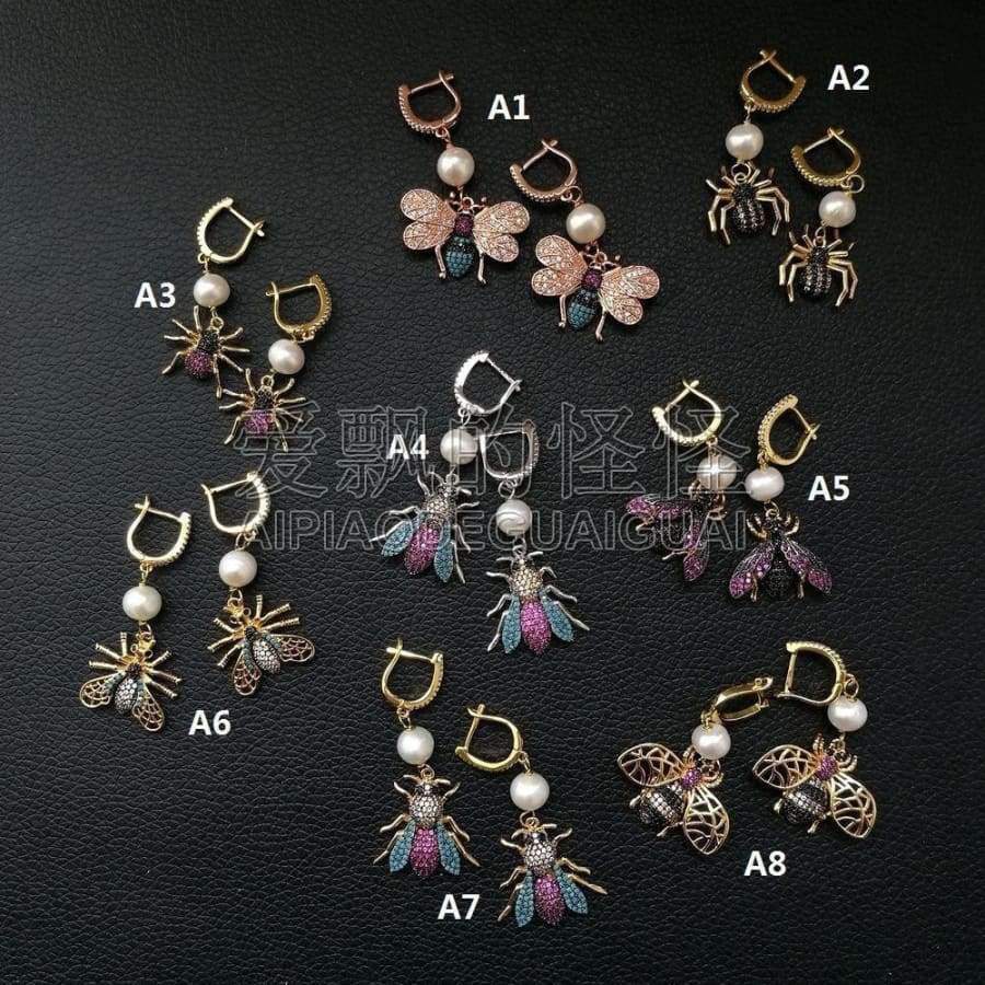 Planet Gates A1 White Pearl Mixed Color CZ Micro Pave Beetle Insect Jewelry Earrings
