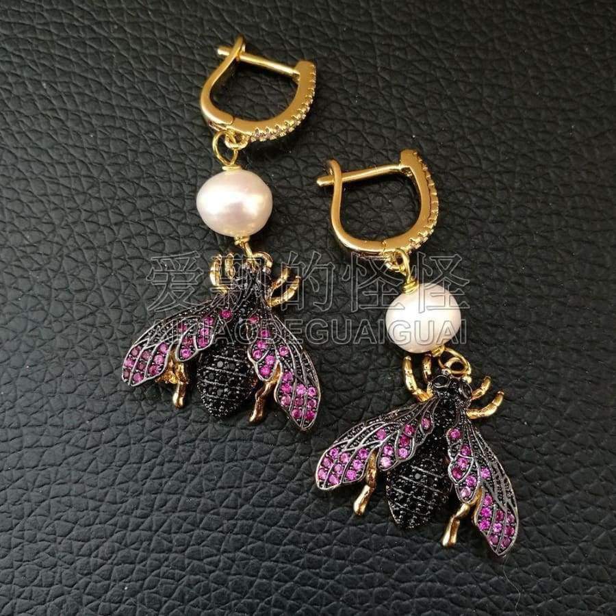 Planet Gates A1 White Pearl Mixed Color CZ Micro Pave Beetle Insect Jewelry Earrings