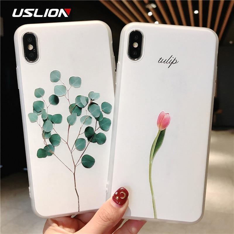 Planet Gates AC3044 / For iPhone X USLION Green Leaves Case For iPhone Xs XR XS Max X 3D Relief Flower Leaf Phone Cover For iPhone 6 6s 7 8 Plus TPU Silicon Cases