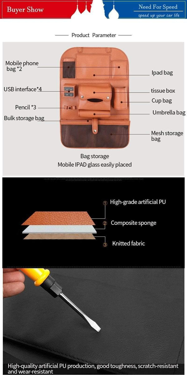 Planet Gates Accessories Car Seat Organizer Interior Auto Back Seat Storage Bag Universal Travel Pocket 4 USB Charge Mobile Phone for Kids