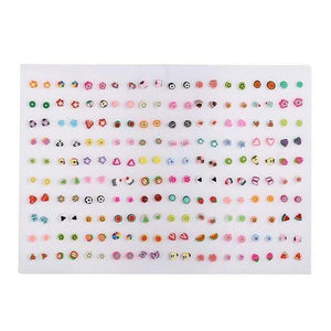 Planet Gates AE0025 100Pair NoBox 100 Pairs/Set Random Plant Fruit Animal Stud Earrings For Women Girls Kids Jewelry Cute Bear Polymer Clay Earring Set Mix Gifts