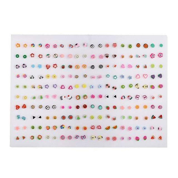 Planet Gates AE0025 100Pair NoBox 100 Pairs/Set Random Plant Fruit Animal Stud Earrings For Women Girls Kids Jewelry Cute Bear Polymer Clay Earring Set Mix Gifts