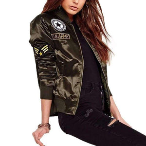 Planet Gates Agreen / L Military Army Green Satin Jacket Women 2018 Badge Appliques Bomber Jacket Coat Autumn Winter Slim Baseball Jacket Coat Outwears