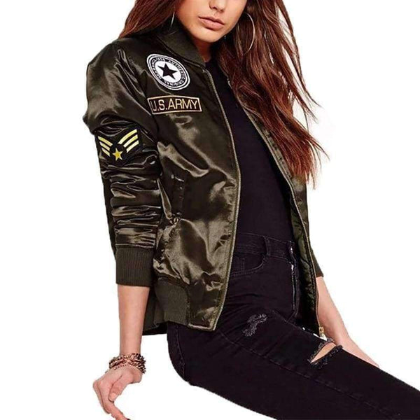 Planet Gates Agreen / L Military Army Green Satin Jacket Women 2018 Badge Appliques Bomber Jacket Coat Autumn Winter Slim Baseball Jacket Coat Outwears