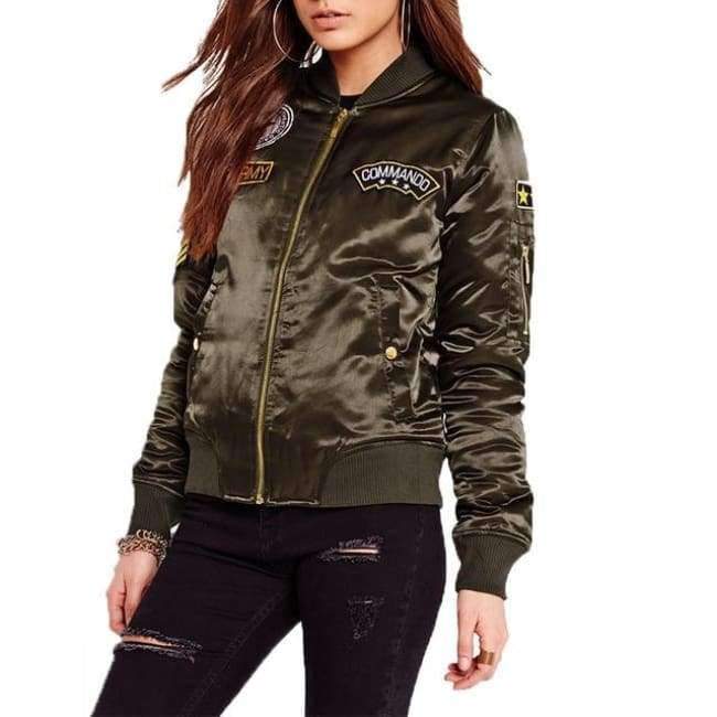 Planet Gates Agreen / L Military Army Green Satin Jacket Women 2018 Badge Appliques Bomber Jacket Coat Autumn Winter Slim Baseball Jacket Coat Outwears