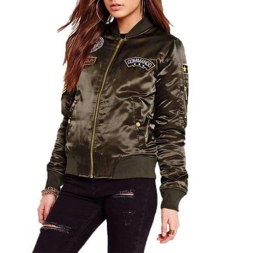 Planet Gates Agreen / L Military Army Green Satin Jacket Women 2018 Badge Appliques Bomber Jacket Coat Autumn Winter Slim Baseball Jacket Coat Outwears
