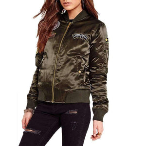 Planet Gates Agreen / L Military Army Green Satin Jacket Women 2018 Badge Appliques Bomber Jacket Coat Autumn Winter Slim Baseball Jacket Coat Outwears