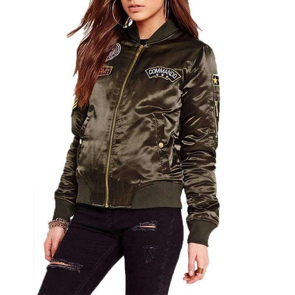 Planet Gates Agreen / L Military Army Green Satin Jacket Women 2018 Badge Appliques Bomber Jacket Coat Autumn Winter Slim Baseball Jacket Coat Outwears