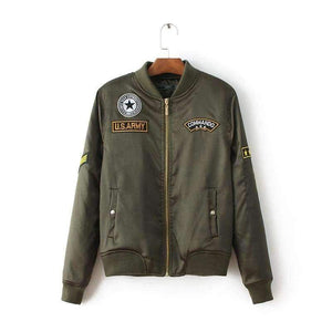 Planet Gates Agreen / L Military Army Green Satin Jacket Women 2018 Badge Appliques Bomber Jacket Coat Autumn Winter Slim Baseball Jacket Coat Outwears