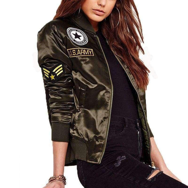 Planet Gates Agreen / L Military Army Green Satin Jacket Women 2018 Badge Appliques Bomber Jacket Coat Autumn Winter Slim Baseball Jacket Coat Outwears