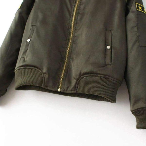 Planet Gates Agreen / L Military Army Green Satin Jacket Women 2018 Badge Appliques Bomber Jacket Coat Autumn Winter Slim Baseball Jacket Coat Outwears