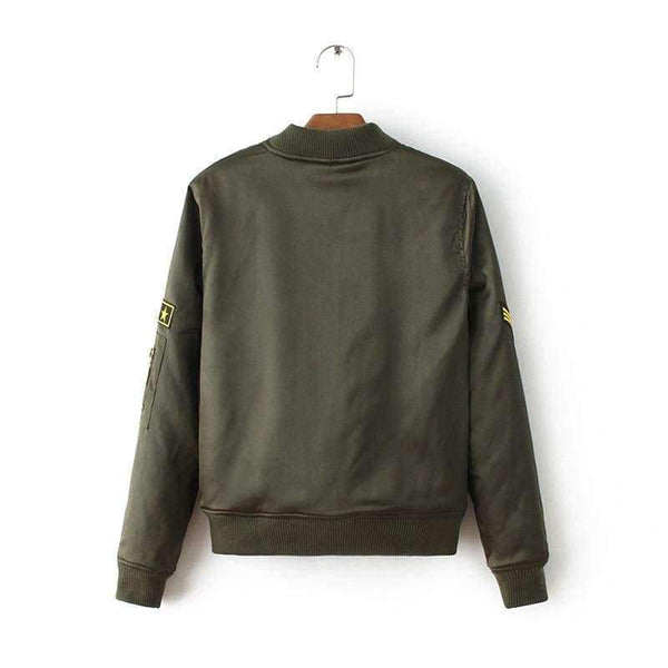 Planet Gates Agreen / L Military Army Green Satin Jacket Women 2018 Badge Appliques Bomber Jacket Coat Autumn Winter Slim Baseball Jacket Coat Outwears