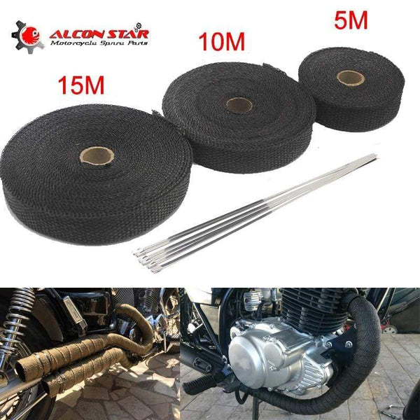 Planet Gates Alconstar- 5M/10M/15M Motorcycle Exhaust Thermal Tape Header Heat Wrap Manifold Insulation Roll Resistant with Stainless Ties
