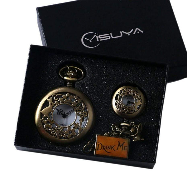 Planet Gates Alice In Wonderland Drink Me Tag Women Rabbit Flower Pocket Watch Necklace Pendant Novelty Christmas Gifts Box Sets