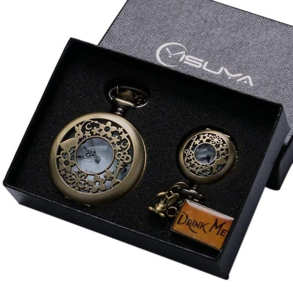 Planet Gates Alice In Wonderland Drink Me Tag Women Rabbit Flower Pocket Watch Necklace Pendant Novelty Christmas Gifts Box Sets
