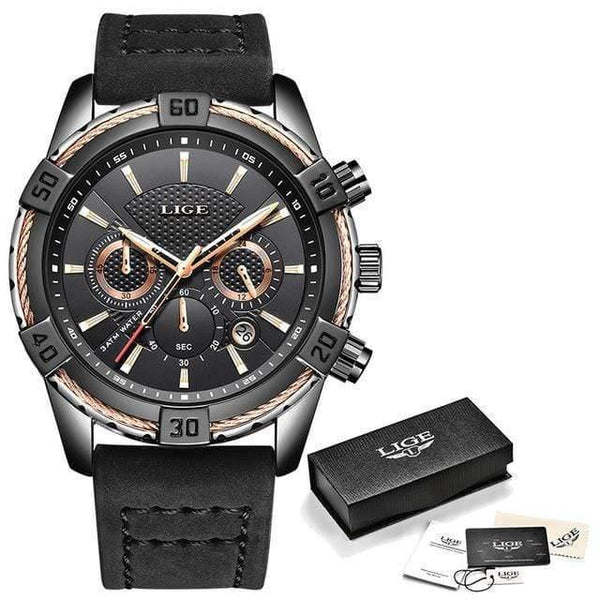 Planet Gates All black gold Mens Watches Top Brand Luxury Men Casual Leather Waterproof Chronograph Men Sport Quartz Clock Relogio Masculino