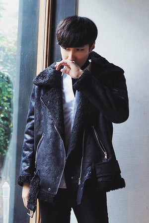 Planet Gates all black / M Thick Warm Oblique Zipper Unique Designer Mens Suede Jackets Coat With Fur Lining Winter